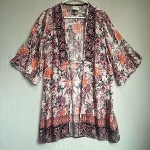 Knox Rose Floral Boho Open Long Kimono Sz Small Duster Cover Up